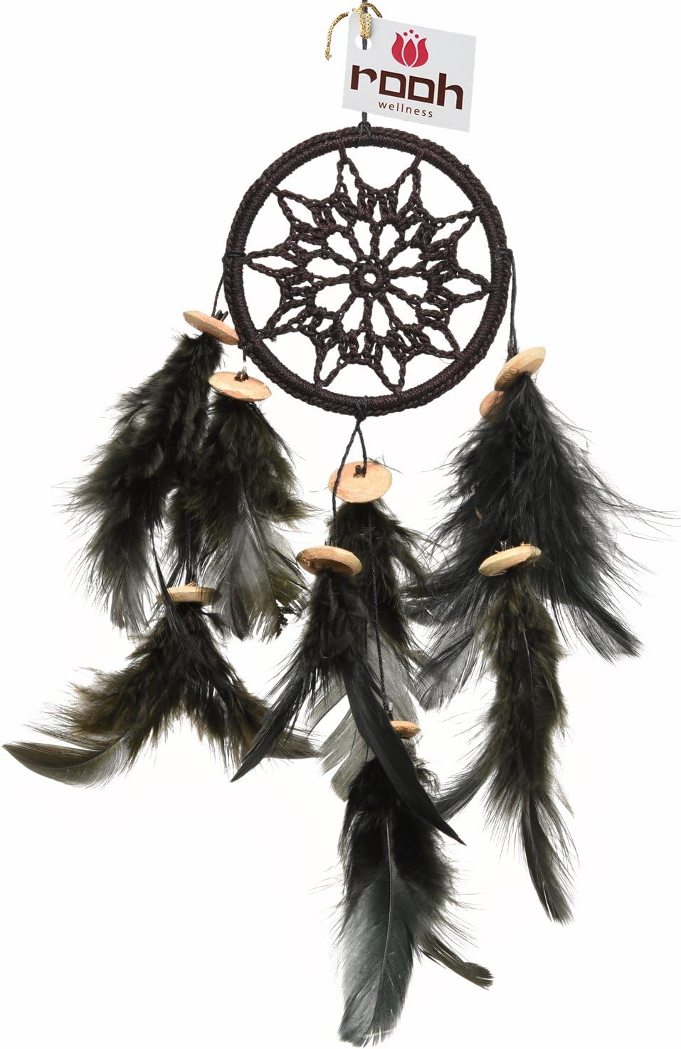 Rooh Handmade Crochet Dream Catcher (6 cm x 0.1 cm x 20 cm, Black) Handmade hangings (Can be Used as Home Decor, Gift, Wall Hangings, Meditation Room, Yoga Temple, Feather Wind Chime & Car Hanging)
