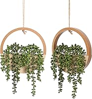 Floweroyal 2pcs Fake String of Pearls Hanging Succulents in Wooden Pot - 12.2" Artificial Plants with 8.3" Lanyard for Indoor Outdoor Decor