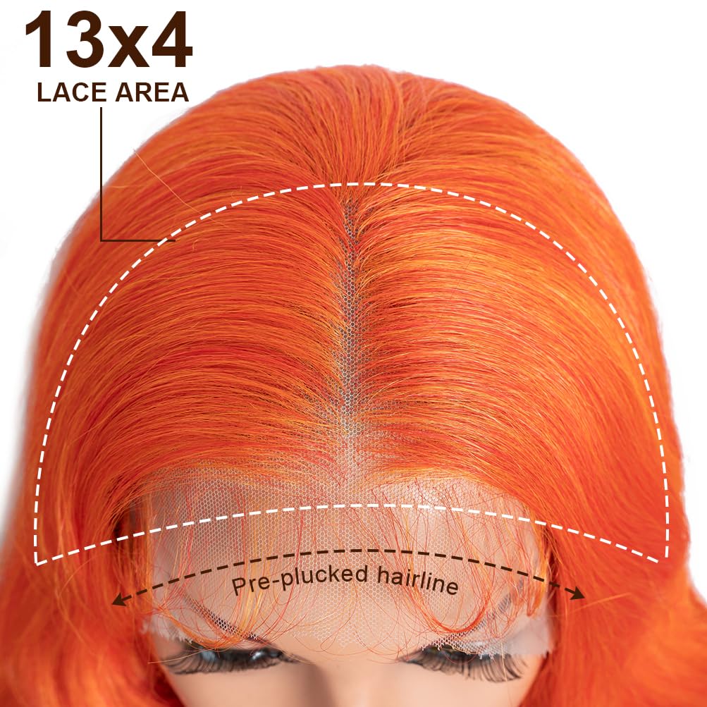 Style Icon 32” Free Part 13x4 Lace Wig Ombre Bright Orange Red Color Long Wavy Synthetic Lace Front Wig With Baby Hair(32 Inches, T R ORANGE)