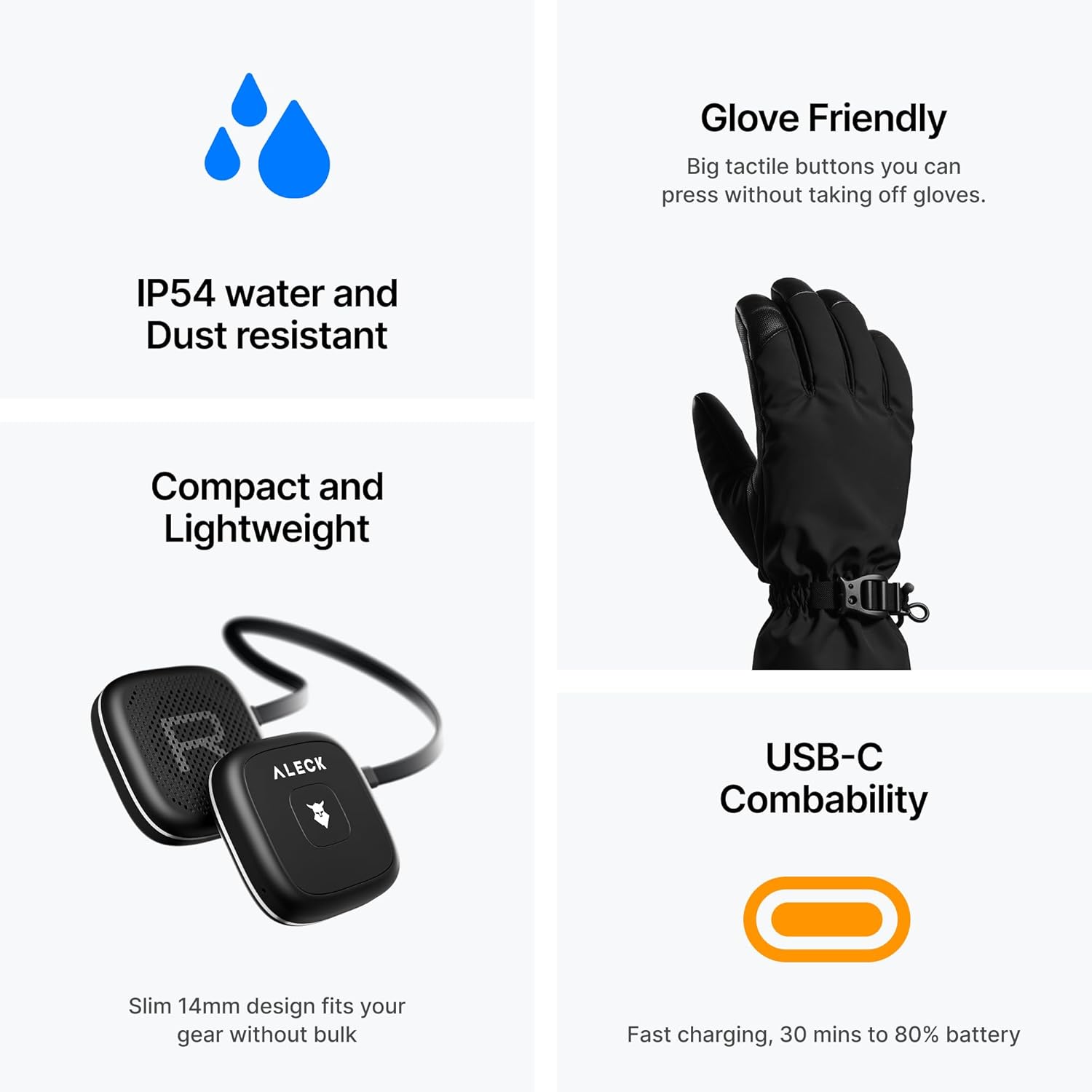 ALECK Snow Series Core Wireless Bluetooth Speakers for Audio-Ready Ski & Snowboard Helmets, Glove Friendly Controls, Hands-Free Mic