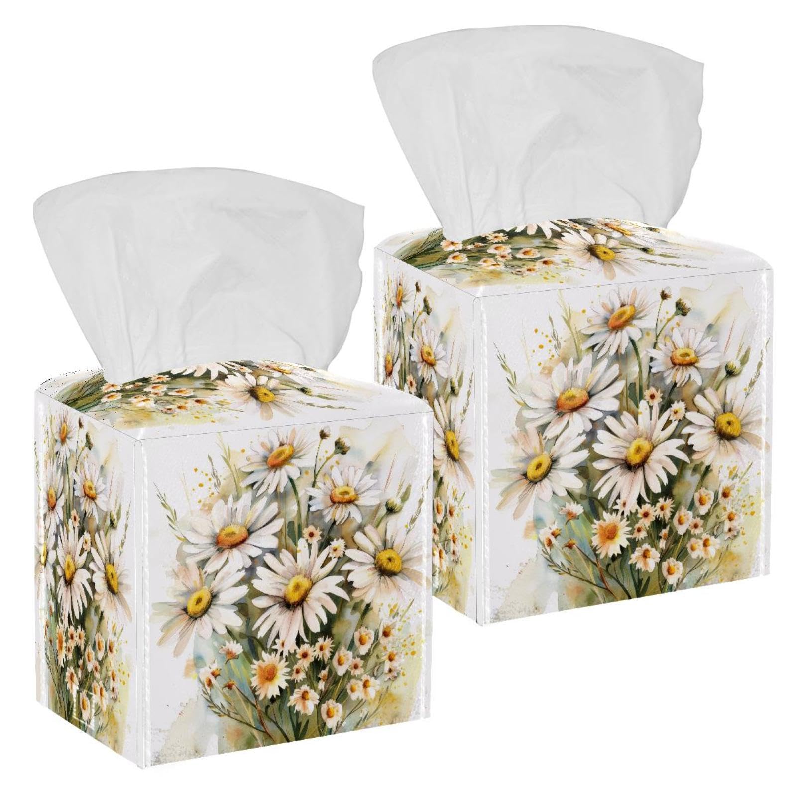 Chamomile Flowers Tissue Box Cover, 2 Pack PU Leather Square Facial Tissue Dispenser Box holder for Home Office Car