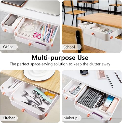 Miniatura 5 de ELENTGE Organizador de cajones para debajo del escritorio, 2 cajones de escritorio, autoadhesivos, cajón de escritorio deslizante, cajón de