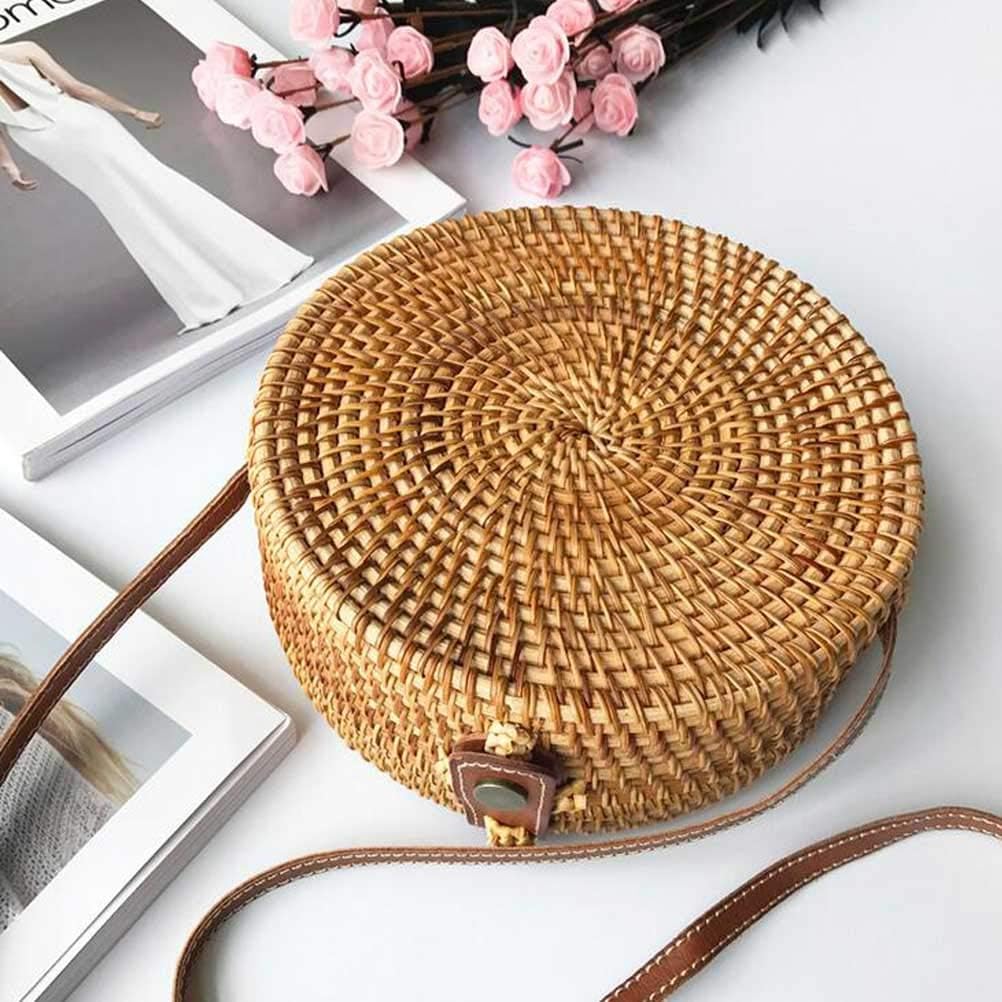 Handwoven Round Rattan Bag Shoulder Leather Straps for Women - Image 7