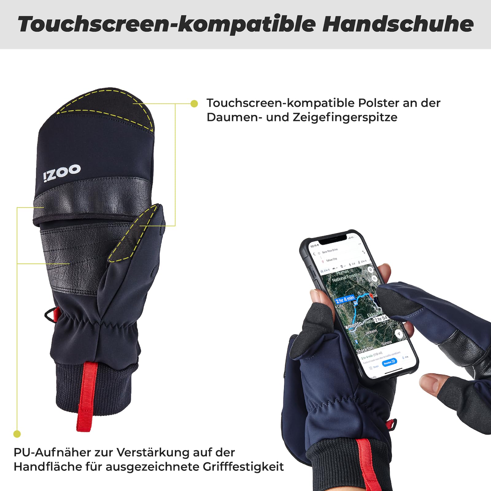 OOZi Winterhandschuhe Herren Damen – Convertible Fäustlinge mit Touchscreen-Klappkappe, Winddicht, Thermo-Fleece, Anti-Rutsch-Grip, Magnetverschluss -für Wandern Outdoor Radfahren