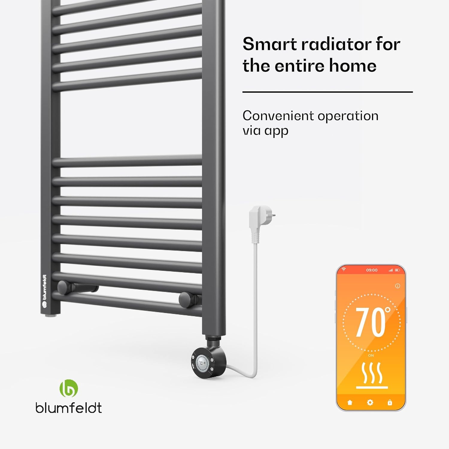 Smartphone displaying Blumfeldt app for radiator control