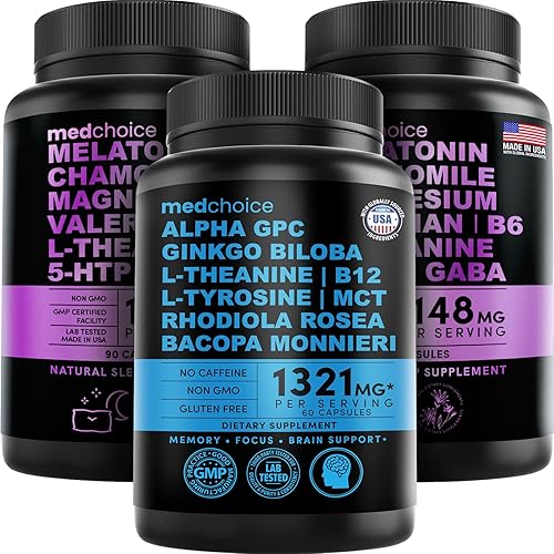 MEDCHOICE Paquete de suplemento de melatonina para dormir (180 unidades) y cerebro nootrópico (60 unidades) - Dúo de bienestar para dormir, cerebro,