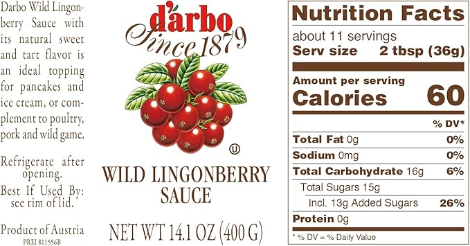 D'Arbo Premium Wild Lingonberry Sauce 14.1 oz | Made with only the finest Wild Lingonberries | 60% Fruit Content | Delicate yet Tangy Sweetness Brings out the Best in your Sweet or Savory Recipes