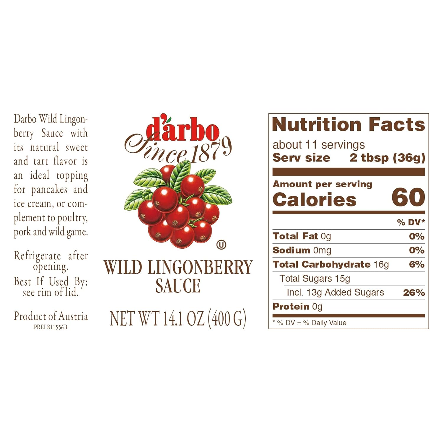 D'Arbo Premium Wild Lingonberry Sauce 14.1 oz (Pack of 6) | Made with only the finest Wild Lingonberries | 60% Fruit Content | Delicate yet Tangy Sweetness Brings out the Best in your Sweet or Savory Recipes
