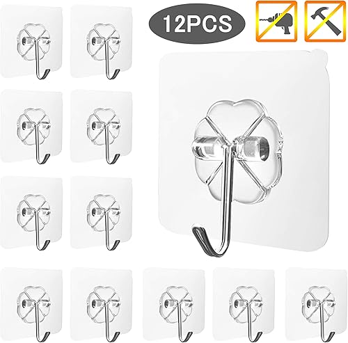 Miniatura 8 de Paquete de 12 ganchos autoadhesivos sin perforaciones, ganchos de pared transparentes hechos de acero inoxidable 304, ganchos adhesivos multiusos