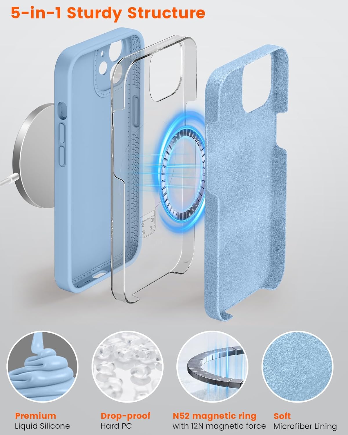 Liquid Silicone Case for iPhone 12 with Magnetic Ring Stand, Upgraded Camera Lens Protection, Mil-Grade Drop Shockproof, Soft Anti-Scratch Microfiber Lining Silicone Case (Azure Blue) - Image 3