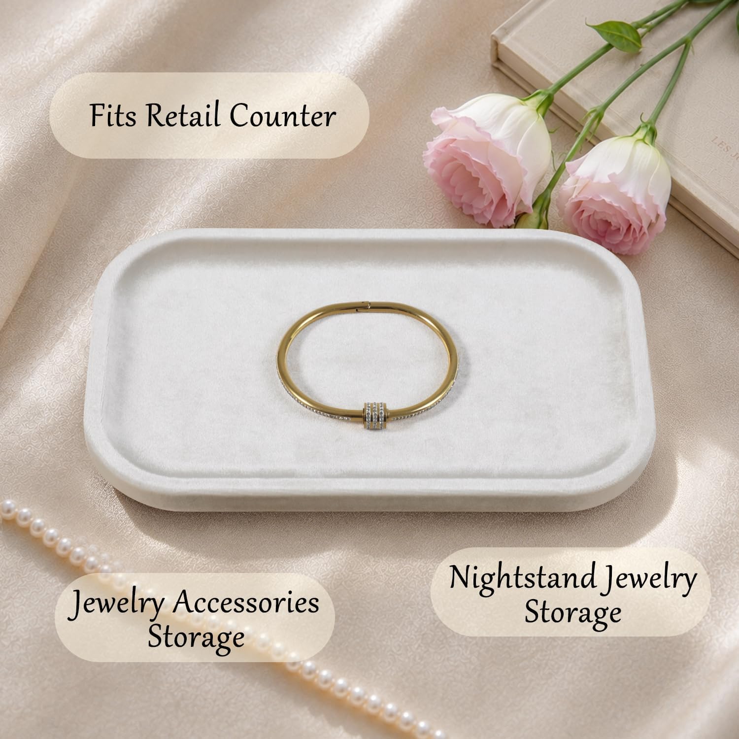 Resilient Velvet Jewelry Display Tray for Ring Earrings Bracelet Necklace, Flat Jewellery Dish for Showcase Store Retail Counter Exhibition Photography Livestream (Light Beige, Medium)
