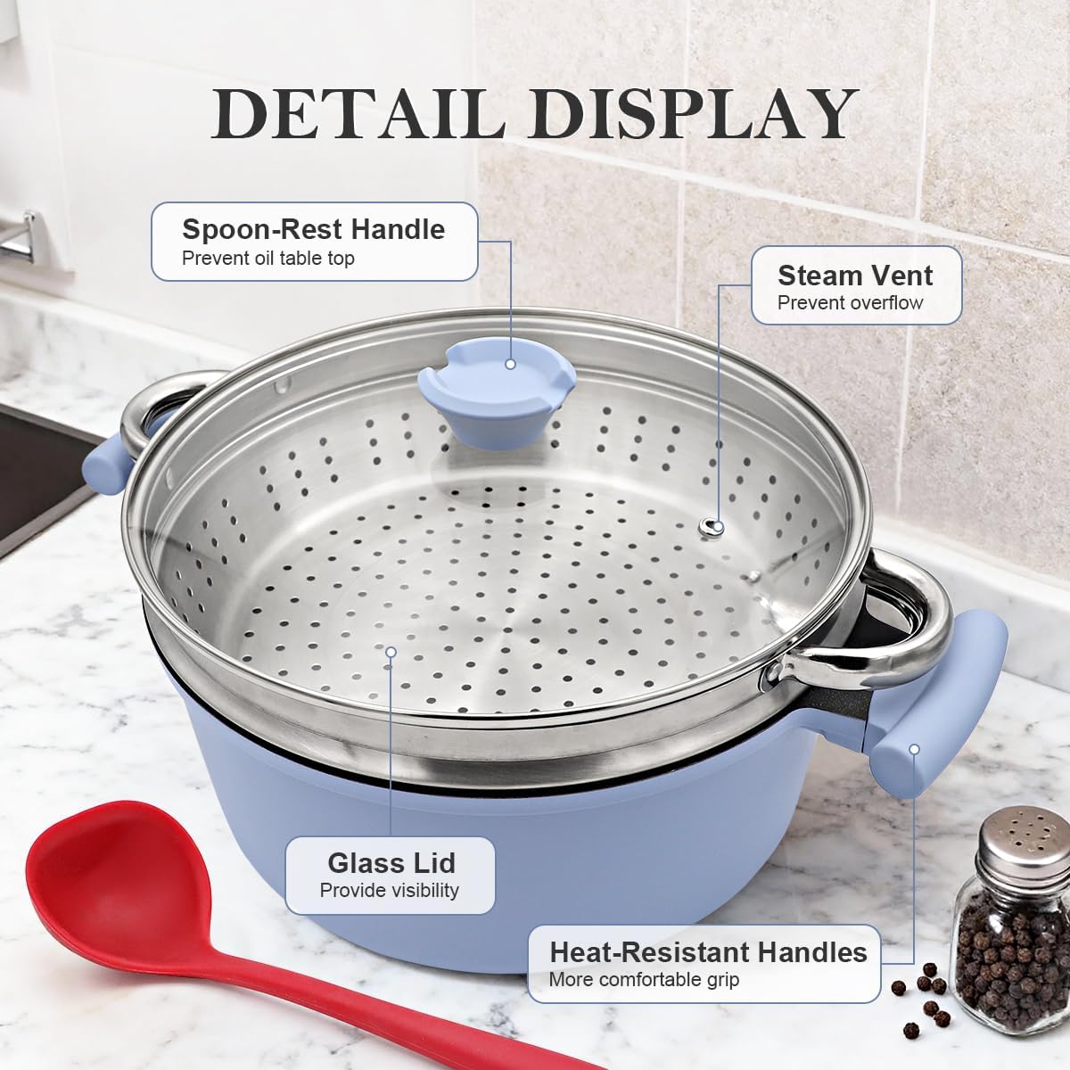 Steamer Pot for Cooking, 6.5 Qt Steam Pot with Lid, Nonstick Cooking Pot with Vegetable & Dumpling Steamer Basket, Food Steamer Cookware, Stay-Cool Handles, Induction Compatible, PFOA Free