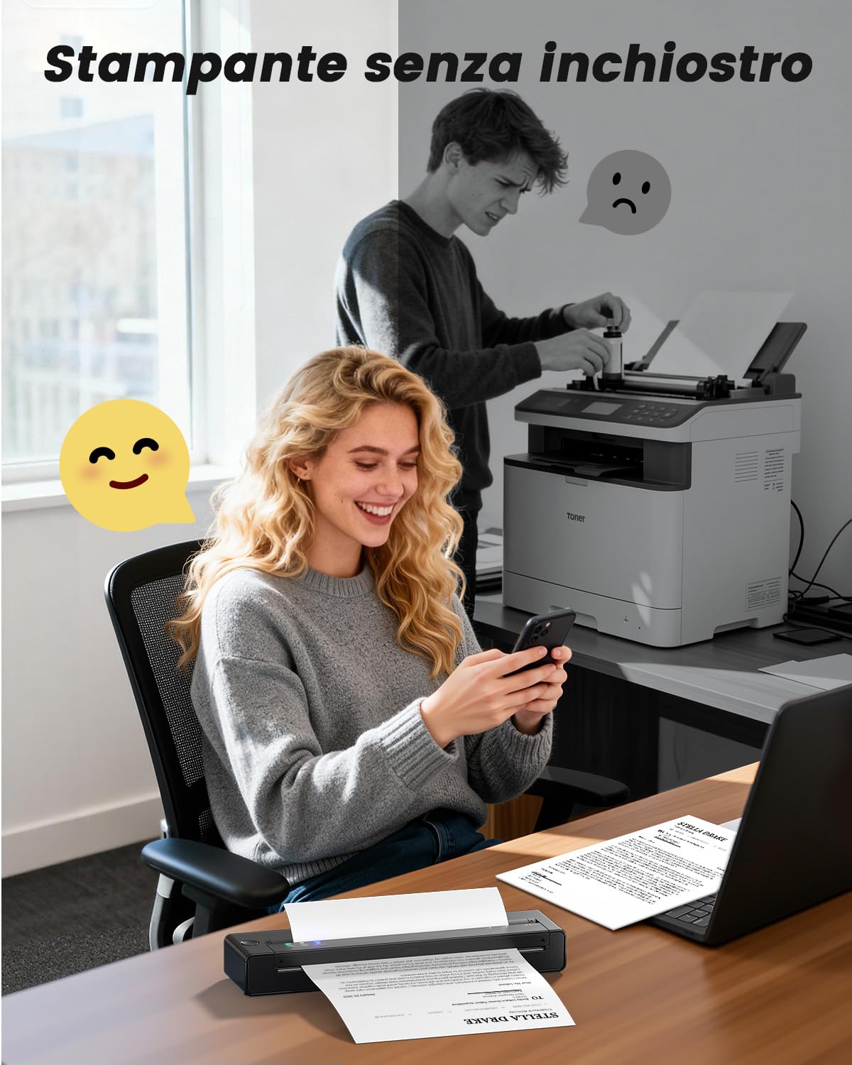 TATTMUSE Stampante portatile A4 da viaggio, stampante termica A4 Supporta il formato A4/A5/B5, piccola stampante portatile senza fili compatibile con telefono, laptop, stampante portatile per ufficio