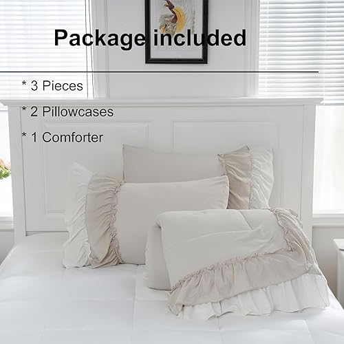 Miniatura 7 de Juego de edredón de 2 capas con volantes y estilo bohemio Comfrter King, color beige, estilo Shabby Chic para decoración del hogar, ropa de cama de