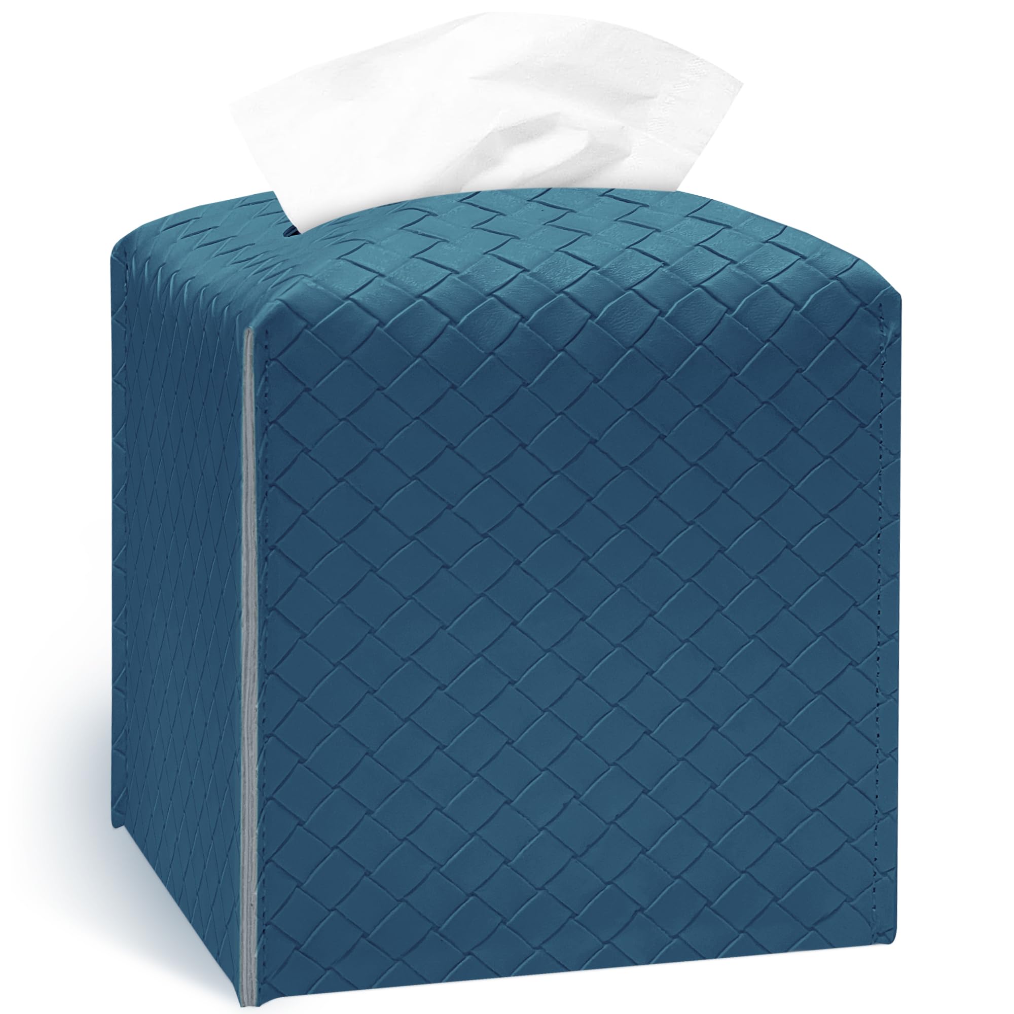 Tissue Box Cover Holder, PU Leather Tissue Box Cover with Braided Pattern, Square Tissue Holder with Bottom Belt, Modern Organizer for Bathroom, Car, Office, Tabletop (Ink Blue, 12 Braided Patterns)