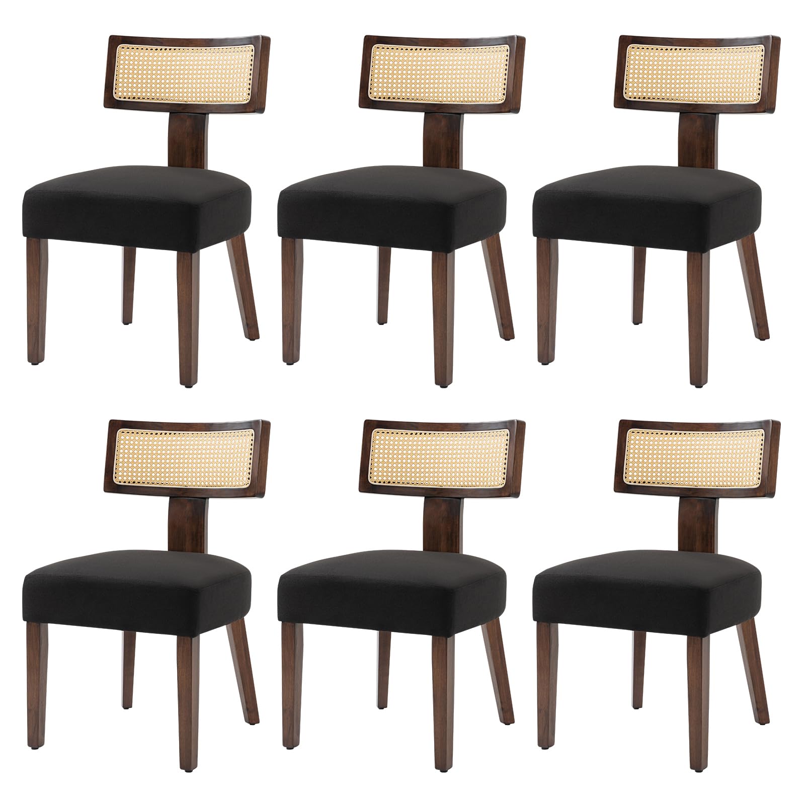 ZJhome Upholstered Rattan Dining Chairs Set of 6, Mid-Century Modern Fabric Dining Room Chairs with Brown Hardwood Frame, Curved Backrest Kitchen