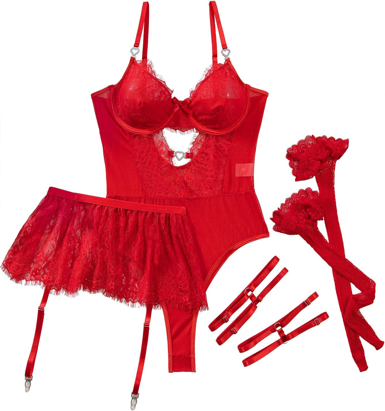Lilosy Sexy Stocking Rhinestones Heart Garter Underwire Floral Mesh lace Sheer Babydoll Lingerie Teddy Bodysuit Skirt Set - Image 4