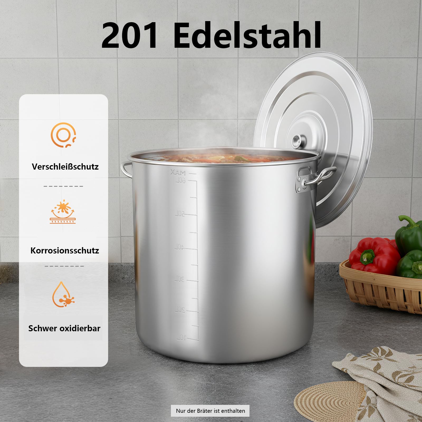 Edelstahl Suppentopf 70L, Kochtopf Groß Induktion mit Griffen, Ø 45cm, Hohe: 45cm, Sinkendeckel, Polierte Oberfläche, für Gasherden, Elektroherden, Induktionsherden