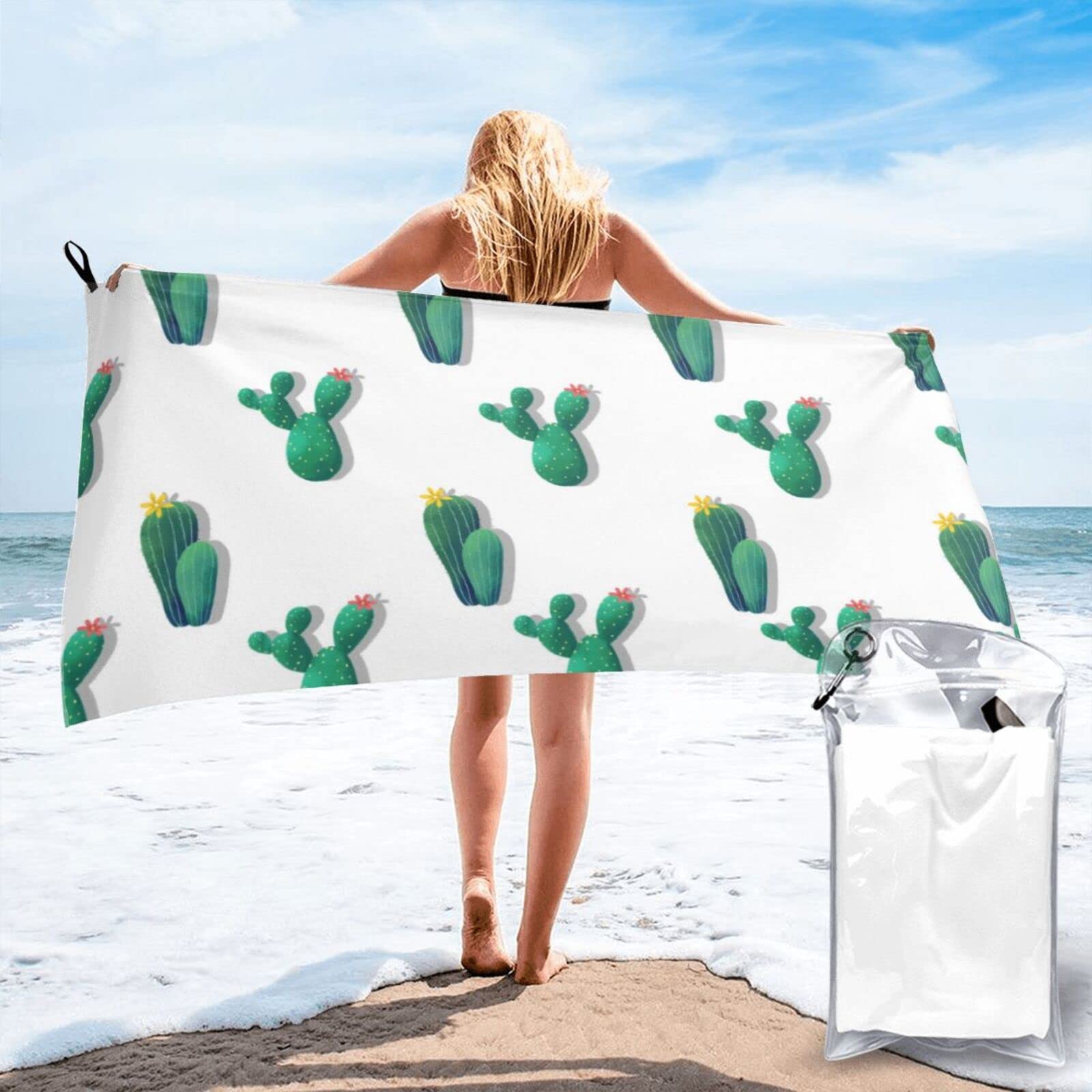 Lawenp Cute Cactus Microfiber Beach Towel Adults Large Quick Drying Bath Towel Travel Towels with Pouch 27.5"x55"