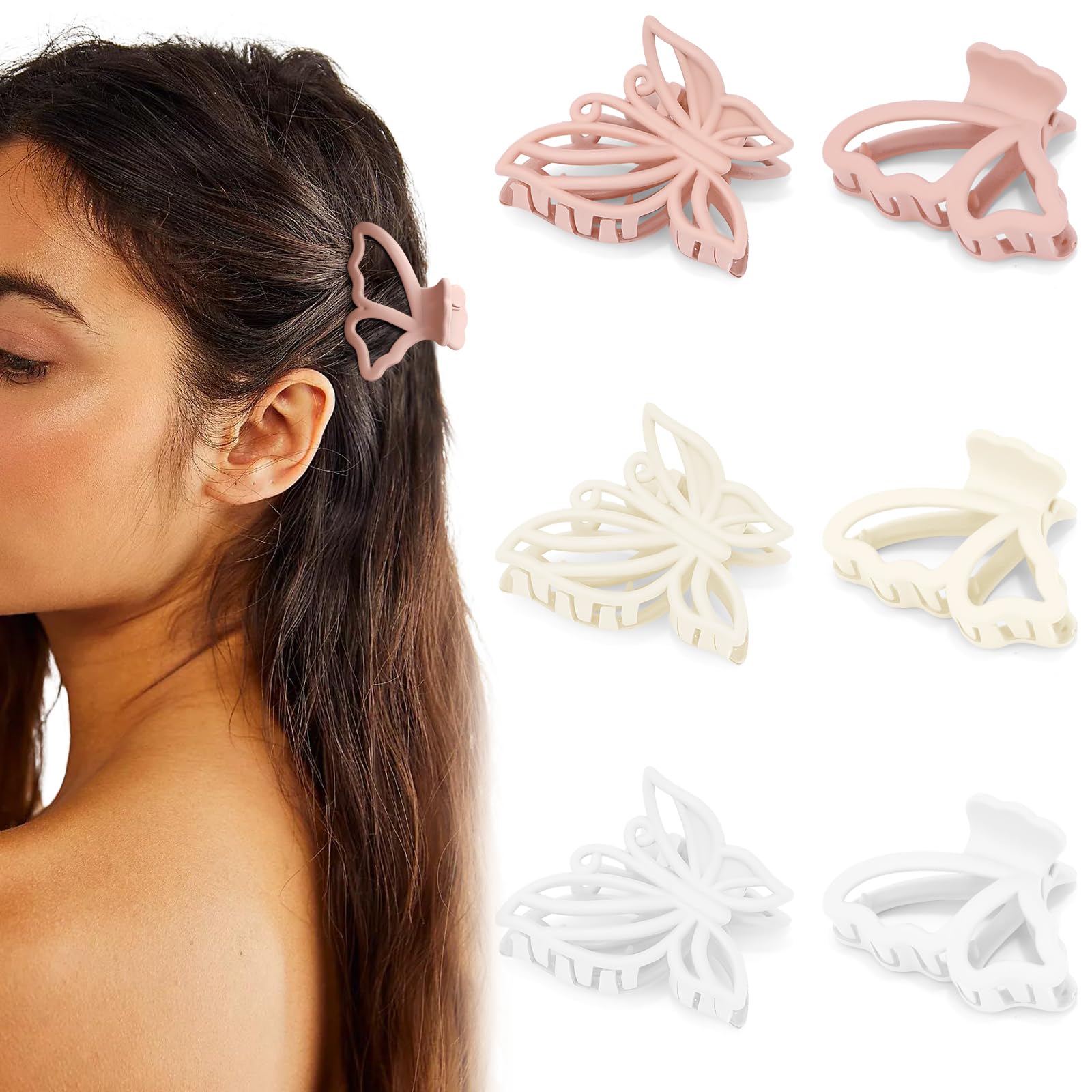 Hapdoo 6PCS Butterfly Small Hair Clips, Medium Matte Hair Clips for Women Girls, Non-slip Cute Claw Clips for Thin Short Hair, Strong Hold Mini Hair Accessories, Light Colors