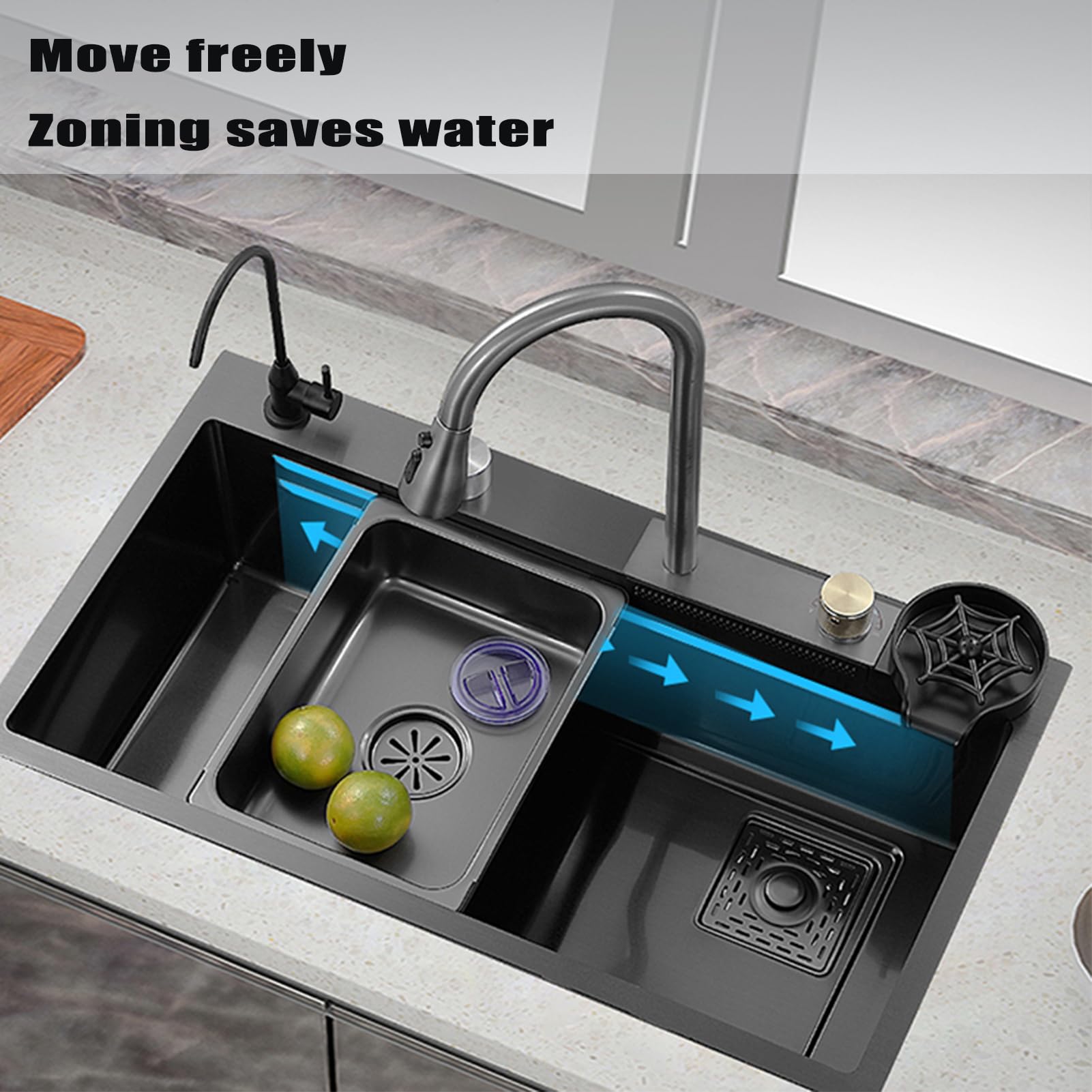 Lavello da Cucina,lavello Cucina a Cascata,Vasca Singola,in Acciaio Inox,Multifunzione,da Incasso/sottotop,lavabo Nero con Accessori Estraibili,Posto di Lavoro (60 * 45cm)