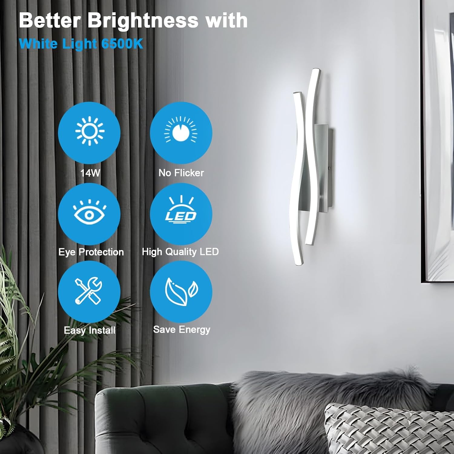 Comely 2 Pezzi Applique da Interno LED, 14W 1575LM Moderna Lampada da Parete per Interni, Lampada a Muro per Soggiorno Camera da Letto, Luce ianca 6500K, Argento, 41cm