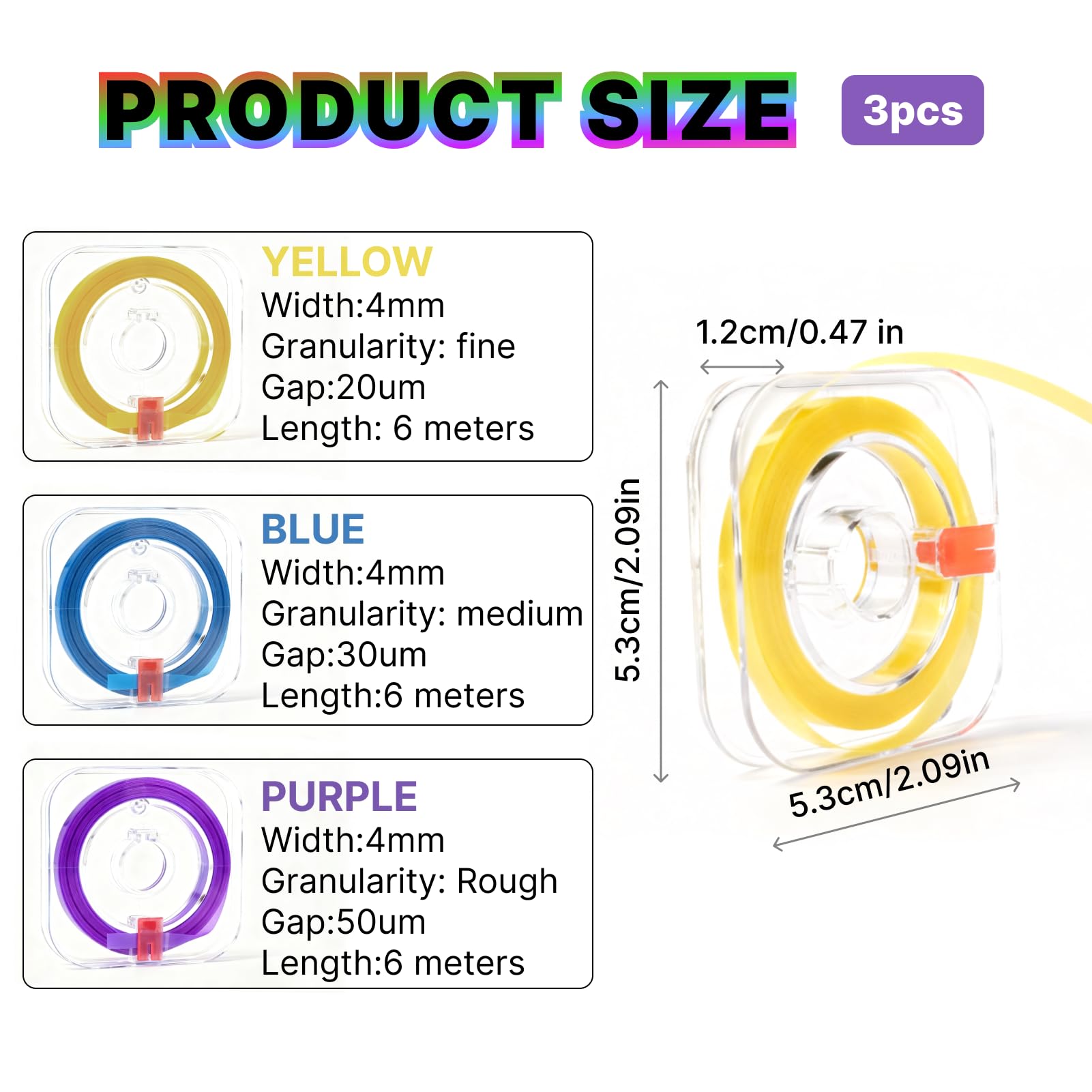 Papel de lija interdental 4 mm x 6 m, 3 rollos lila azul amarillo, para pulido dental e higiene bucal