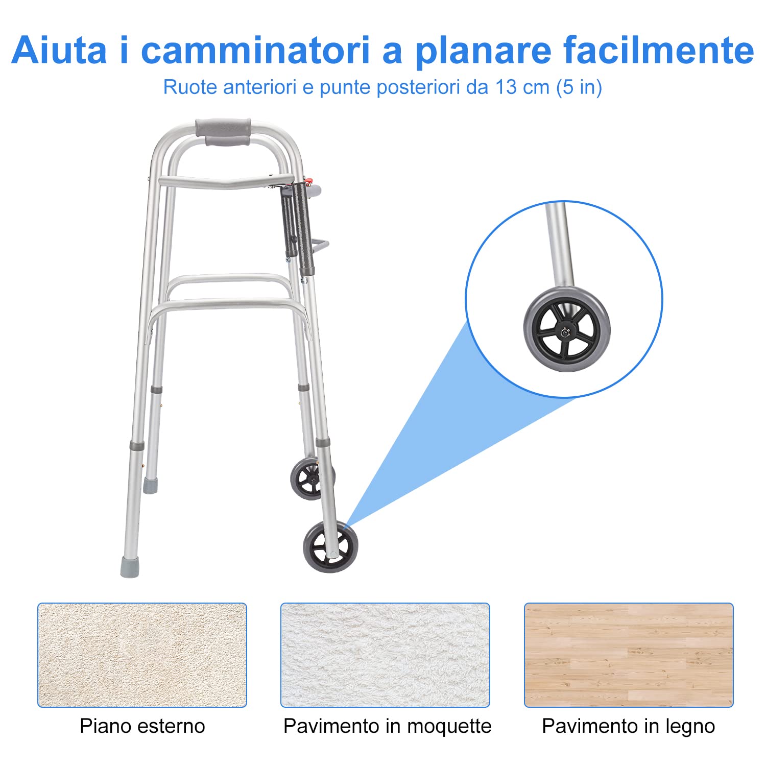 supregear Deambulatore Pieghevole Standard, Deambulatore Pieghevole Alluminio in Lega Regolabile a due Pulsanti con Ruote da 13 cm per Anziani Disabili Feriti, Supporto Fino a 226,8 kg, Argento