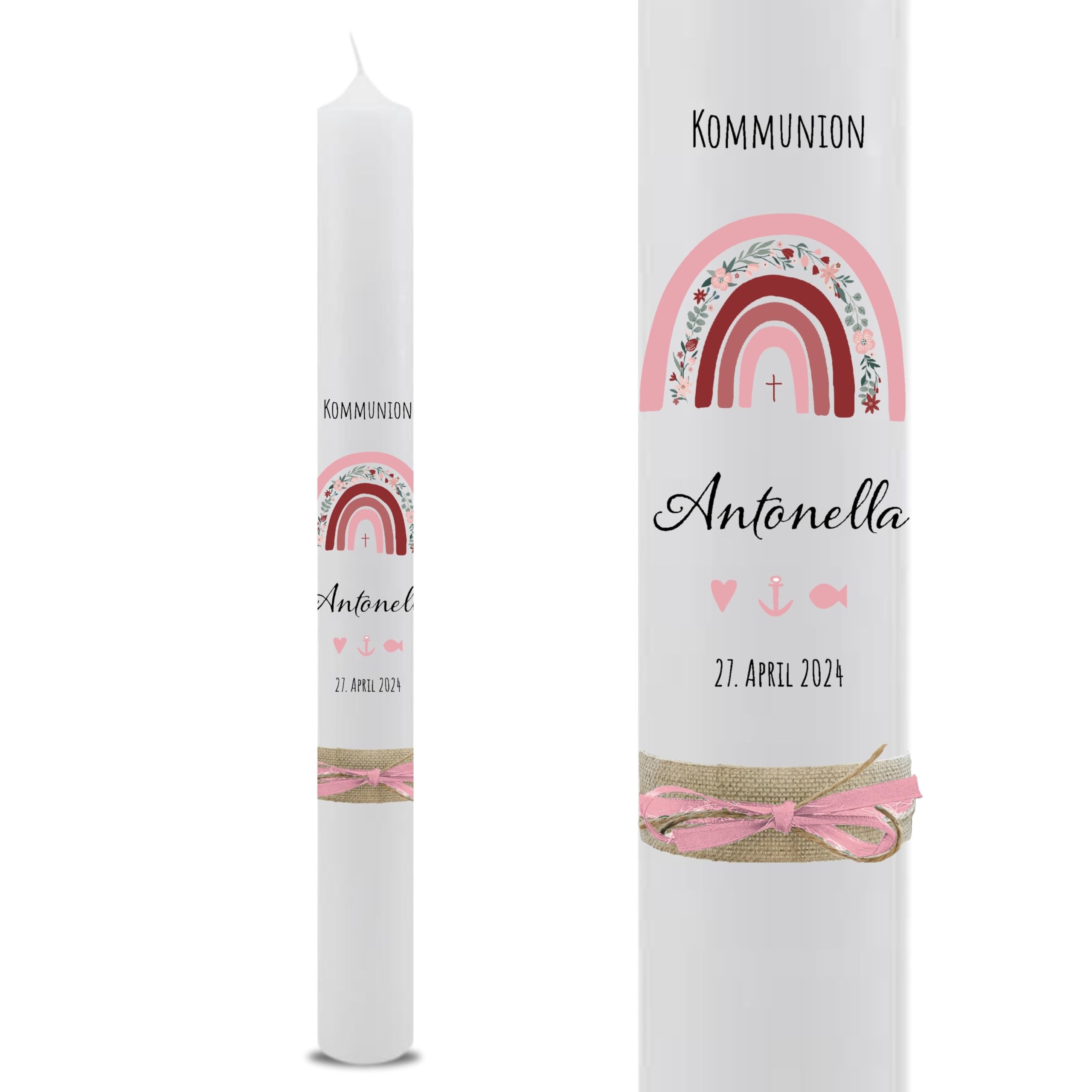 VILLA ROSA LOTTA – Personalisierbare Kommunionkerze Taufkerze „Antonella“ mit Wunschdaten und Rückseite | Regenbogen Rosa | 40 cm x 4 cm | für Jungen und Mädchen | Altarkerze elfenbein