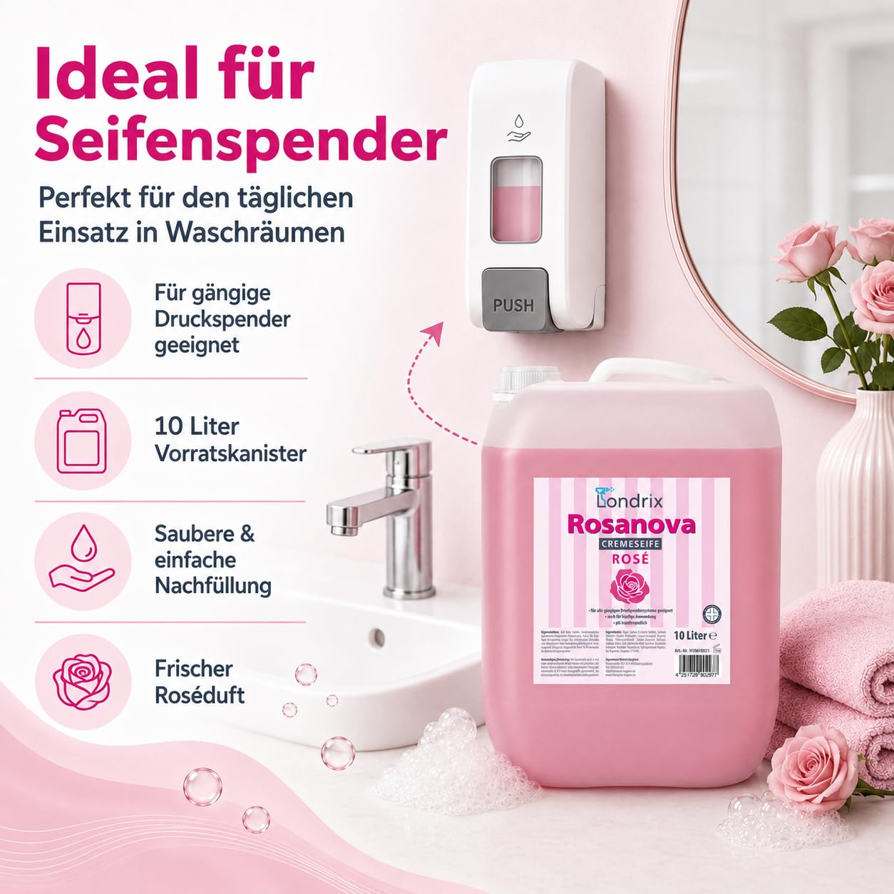 Londrix Rosanova Handseife Rose | 10 Liter Kanister | milde Waschlotion, Rosa Cremeseife & Flüssigseife für Druckspender, pH-neutral, rückfettend, hautfreundlich & dermatologisch getestet