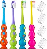 Kids Toothbrush 4 Pack - Soft Bristles with Suction Cup - Toothbrush Kids, Child Sized Brush Heads, 3-10 Year Old Kid Toothbrush with Easy Storage - Toddler, Girl and Boy Set (4-Pack, Multi-Color) Multi-color 1 Count (Pack of 4)