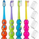 Kids Toothbrush 4 Pack - Soft Bristles with Suction Cup - Toothbrush Kids, Child Sized Brush Heads, 3-10 Year Old Kid Toothbrush with Easy Storage - Toddler, Girl and Boy Set (4-Pack, Multi-Color)