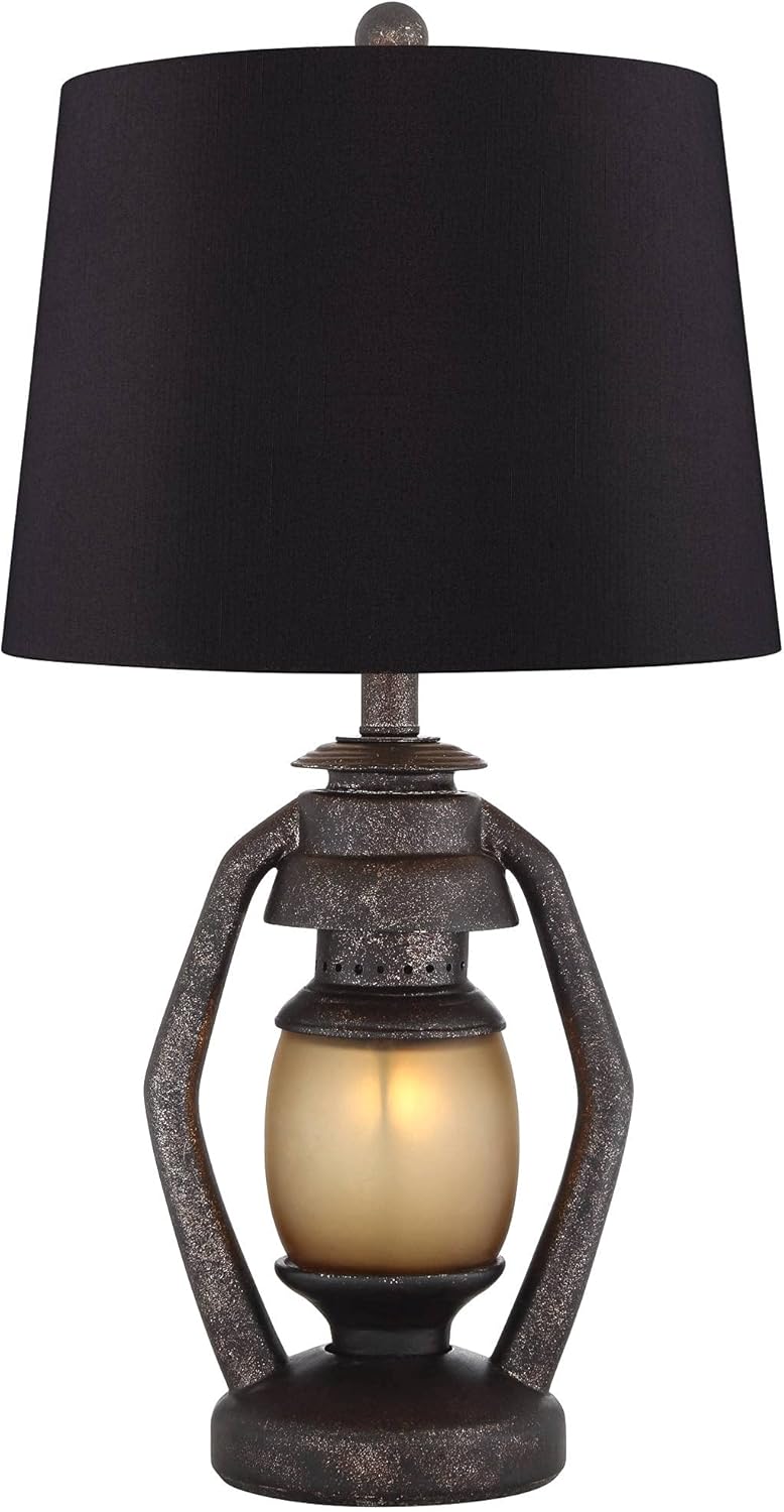 Franklin Iron Works Horace Rustic Farmhouse Industrial Table Lamps 25.25" High Set of 2 with Nightlight Bronze Black Faux Silk Drum Shade for Living Room Bedroom House Bedside Nightstand Home