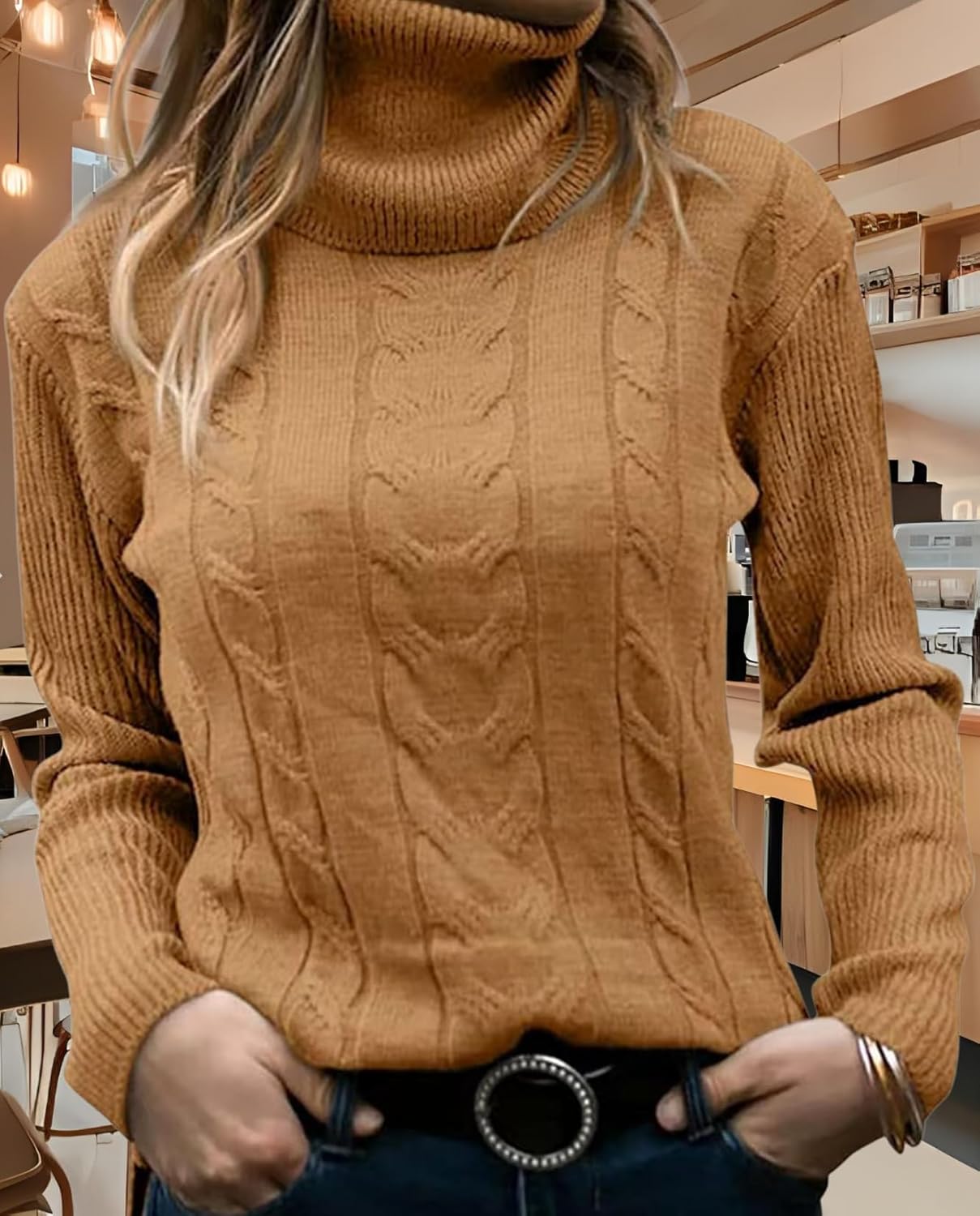 Women's 2025 Turtleneck Sweater Lantern Long Sleeve Cable Knit Pullover Sweaters Jumper - Image 5