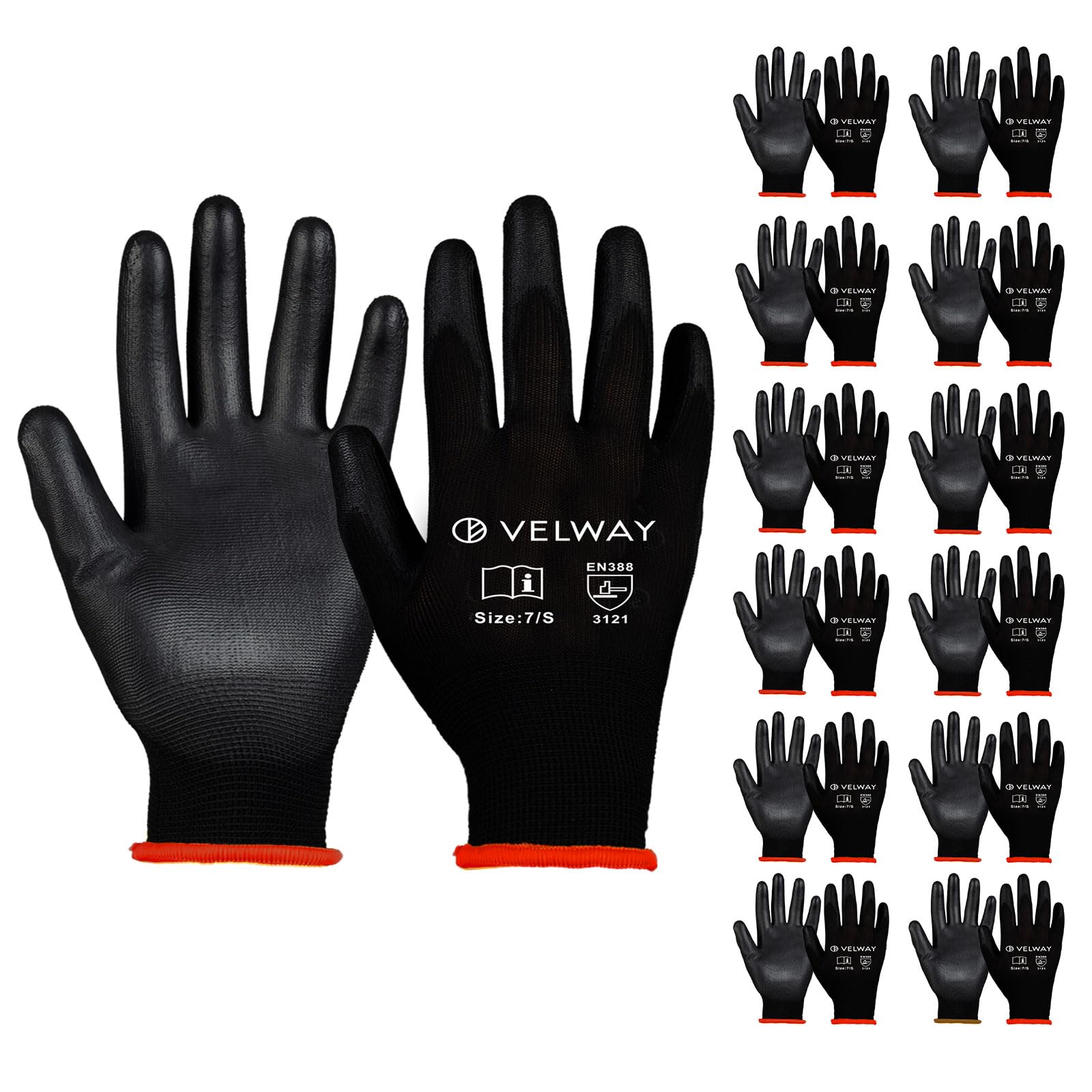 Velway 12 Pairs Work Gloves PU Coated for Men Women, Black, Size 7/S