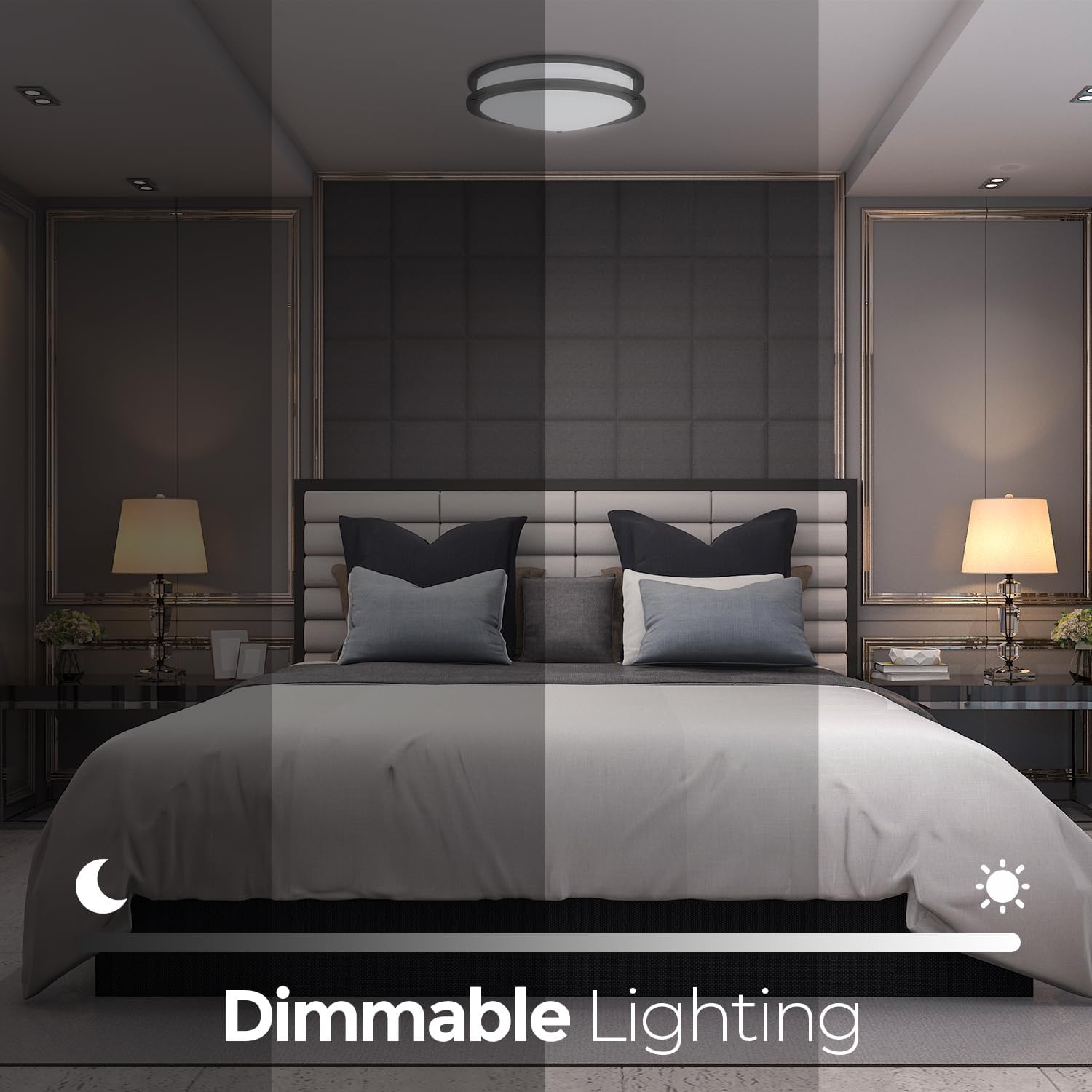 Diodesy- 16 Inch Flush Mount Double Ring Ceiling Light Fixture Black Trim LED Lamp 3CCT 3000K/4000K/5000K Dimmable 24W 1800 Lumens for Hallway Kitchen Bathroom Bedroom Living Room ETL Listed