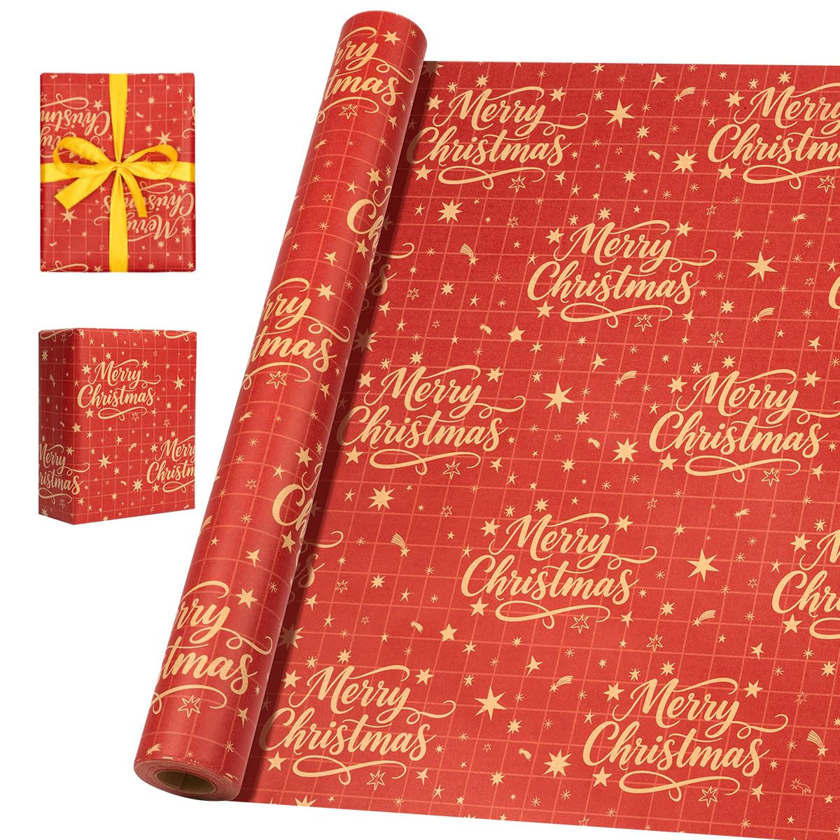 15M Red Gift Wrapping Paper Roll, 43cm Recyclable Kraft Paper Print with "Merry Christmas" and Star for Christmas, Birthday, Baby Shower, Party Gift Decoration โ image 1