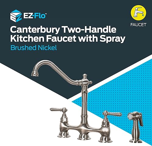 Miniatura 2 de EZ-FLO Canterbury Bridge - Grifo de cocina con 2 asas y rociador lateral, función de 4 agujeros, níquel cepillado, 10652