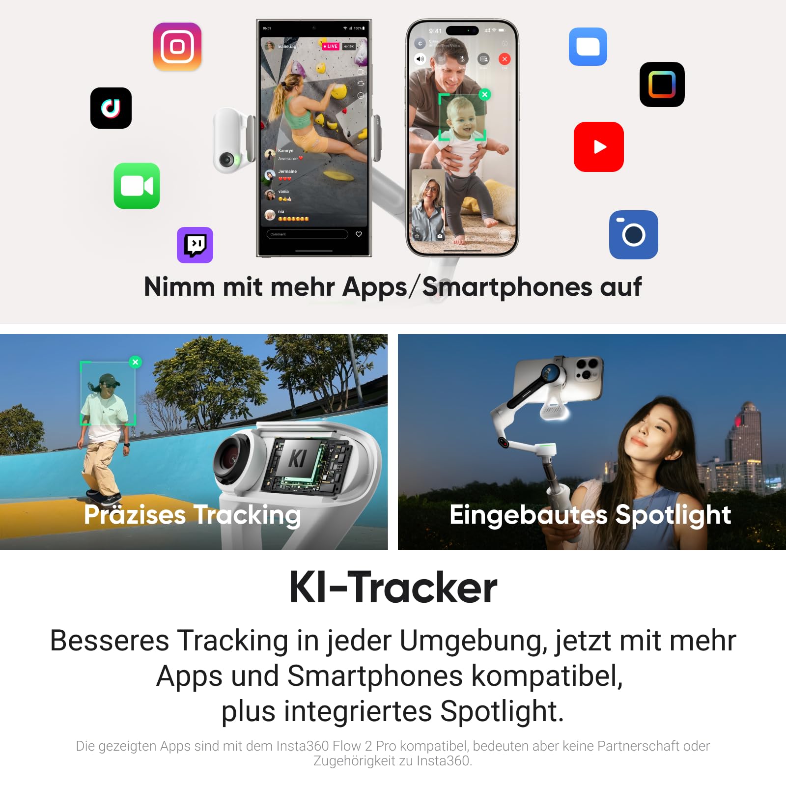 Insta360 Flow 2 Plus KI-Tracker-Bundle Hellgrau– Faltbarer Smartphone-Gimbal, KI-Tracking in jeder App, Multi-Personen-Tracking, Stativ/Selfie-Stick integriert, Fernsteuerung, für iPhone-/Android．