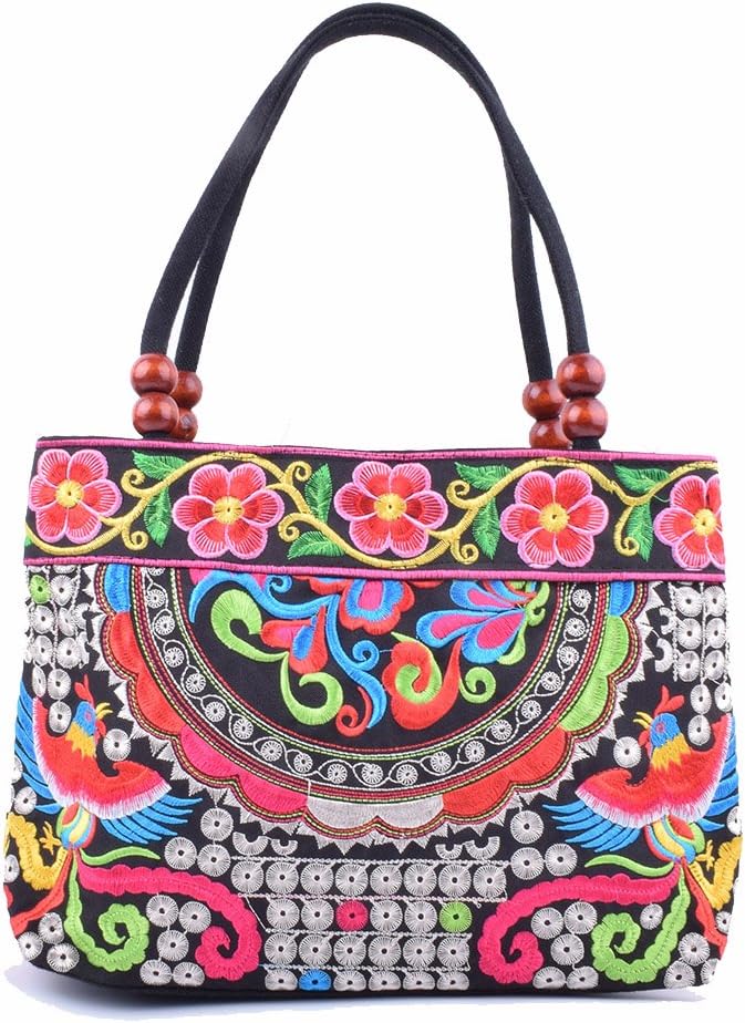 VINTAGE EMBROIDERY V.E.Vintage Embroidery Boho Womens Handbag Mandala Flower Embroidered Totes Travel Beach Bag
