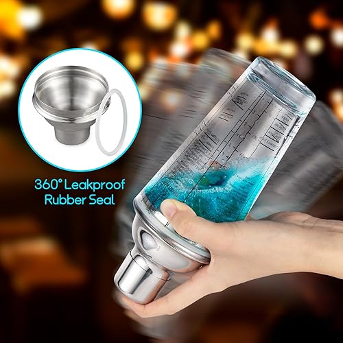 Miniatura 4 de Ailelan Coctelera de vidrio con colador, coctelera de Martini de 14 onzas con 6 recetas en el lado, botella coctelera transparente con medidas,