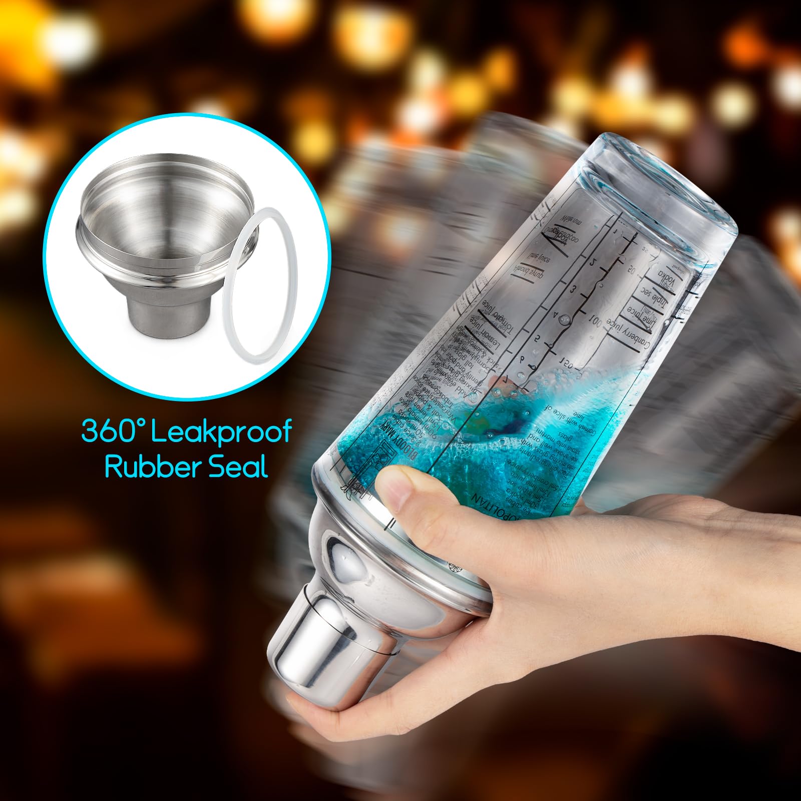 Coctelera de vidrio con colador, coctelera de Martini de 14 onzas con 6 recetas en el lado, botella coctelera transparente con medidas, juego de coctelera de bar, kit de camarero para mezclar 4