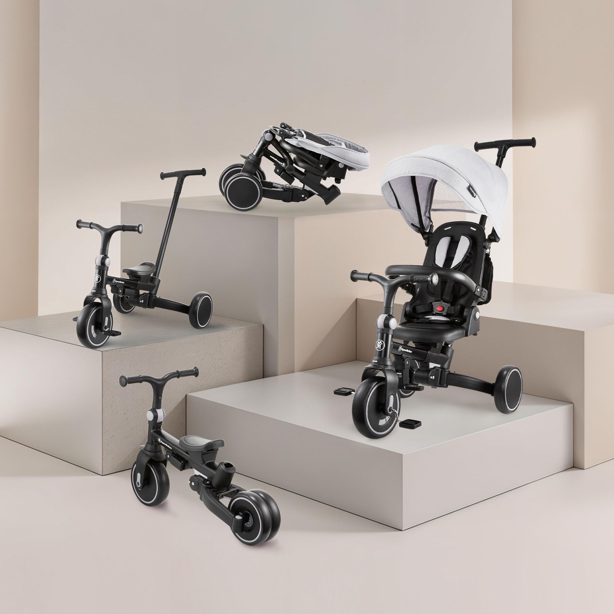 HyperMotion Triciclo Evolutivo 8 en 1 con Asiento Giratorio 360° – Triciclo Bebe Reclinable y Plegable con Capota, Arnés y Barra de Empuje – Trike Infantil para Niños de 1 a 5 Años