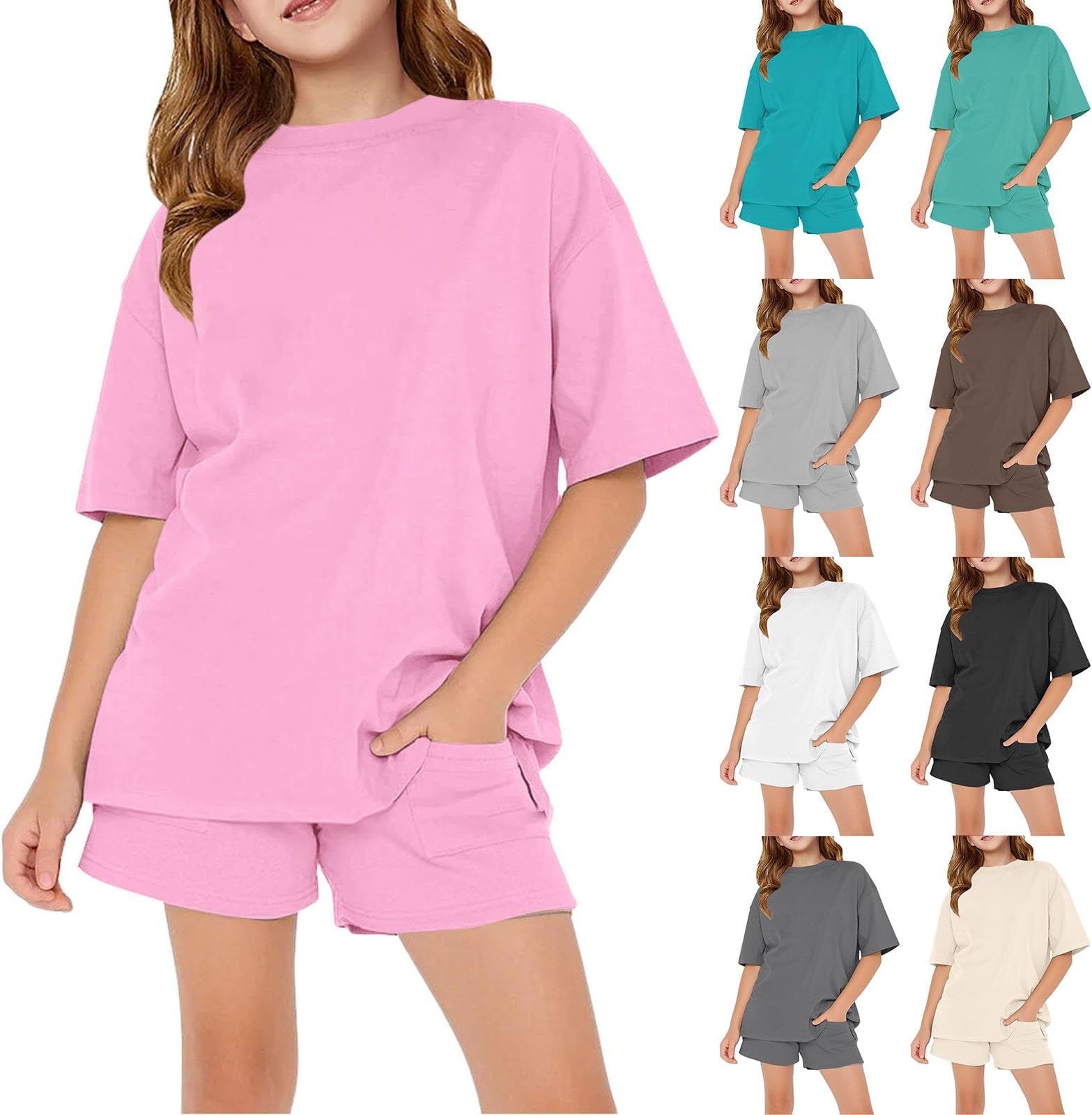 Girls Short Pajamas Sets Solid Loose Fit Tees Shirts+wide Leg Shorts 2 Piece Sleepwear Teen Summer Loungewear Outfits Crew Neck Tees Tops Comfy Clothes