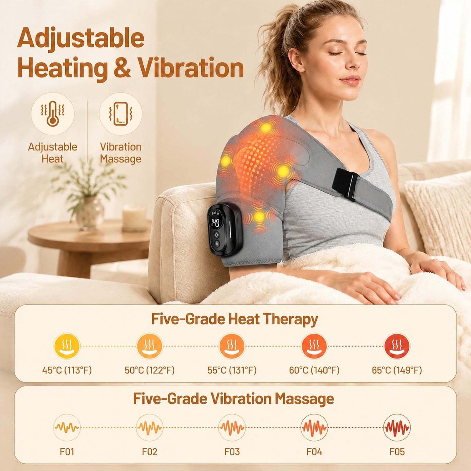 Masajeador de hombros y almohadilla térmica de hombro con masaje, dispositivo de masaje de hombros con calor, con 5 niveles de calentamiento y 5 modos de vibración, batería de 5000 mAh para un