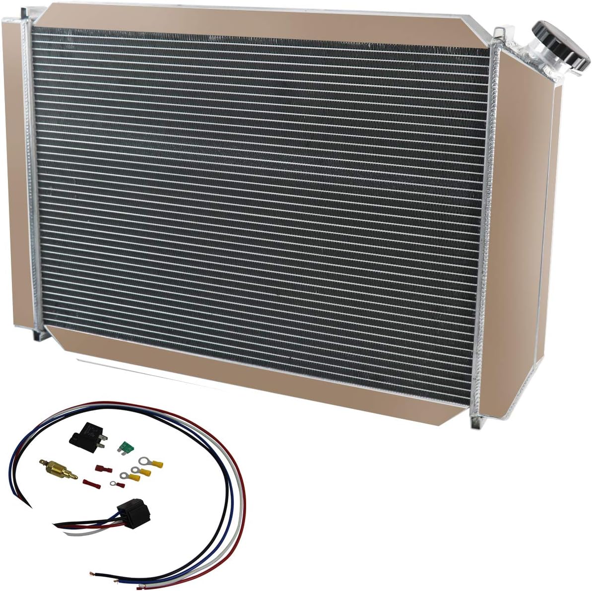 ALLOYWORKS 4 Row All Aluminum Radiator + Shroud Fan + Relay for 1979-1993 Ford Mustang, Mercury Cougar, 1987 1988 1989 1990 Marquis