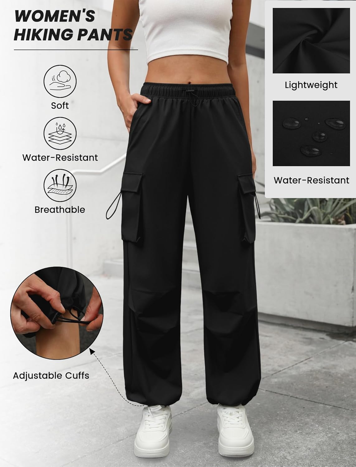 COPYLEAF Parachute Cargo Pants Women Elastic Waisted Quick Dry Lightweight Baggy Hiking Pants with Pockets Water Resistant