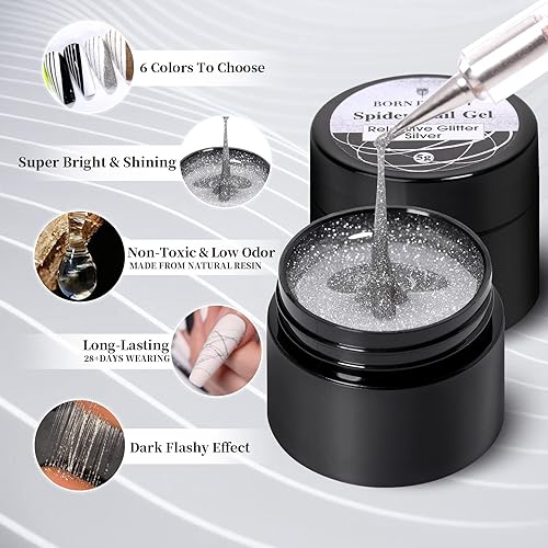 Miniatura 7 de Born Pretty Esmalte de uñas en gel de araña, esmalte de uñas de gel neón de Halloween, revestimiento de matriz reflectante, esmalte de gel de dibujo