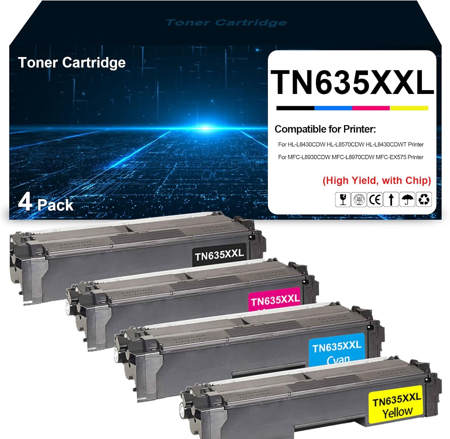 TN635XXL TN635 High Yield Toner Cartridge TN635XXLBK TN635XXLC TN635XXLM TN635XXLY Toner Replacement for Brother HL-L8430CDW L8430CDWT L8570CDW MFC-L8930CDW MFC-L8970CDW MFC-EX575 Printer(4 Pack)