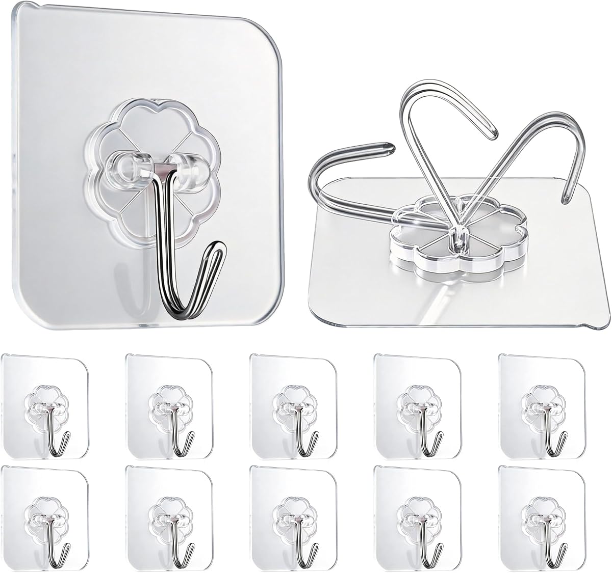 Wall Hooks Heavy Adhesive Duty Holds 33lb Max (10) | Transparent Waterproof Oilproof Hooks for Bathroom Kitchen No Drilling Strong Adhesive Holds Towels Robes Coats Utensils